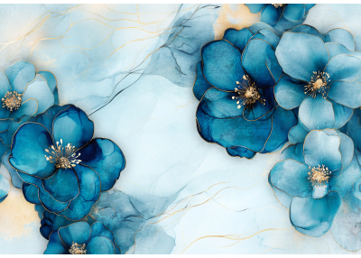 Елегантен фототапет с сини акварелни цветя и златни акценти